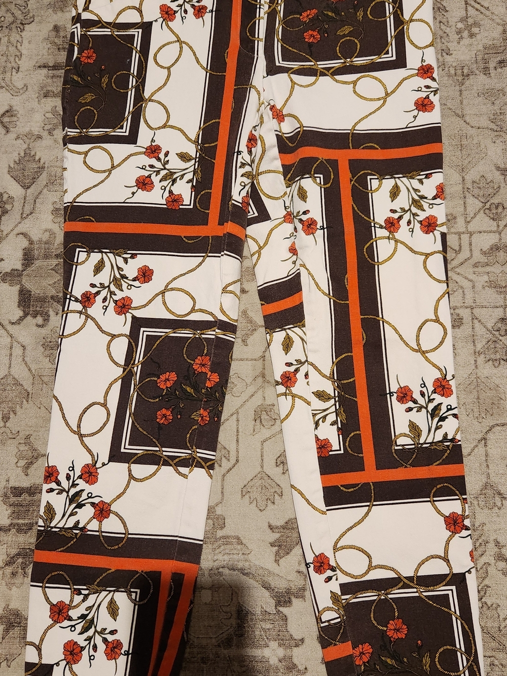 Floral Geometric Skinny Pants in White and Orange